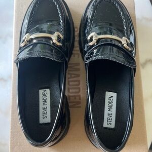 Steve Madden Black Patent Loafers with Gold Horsebit